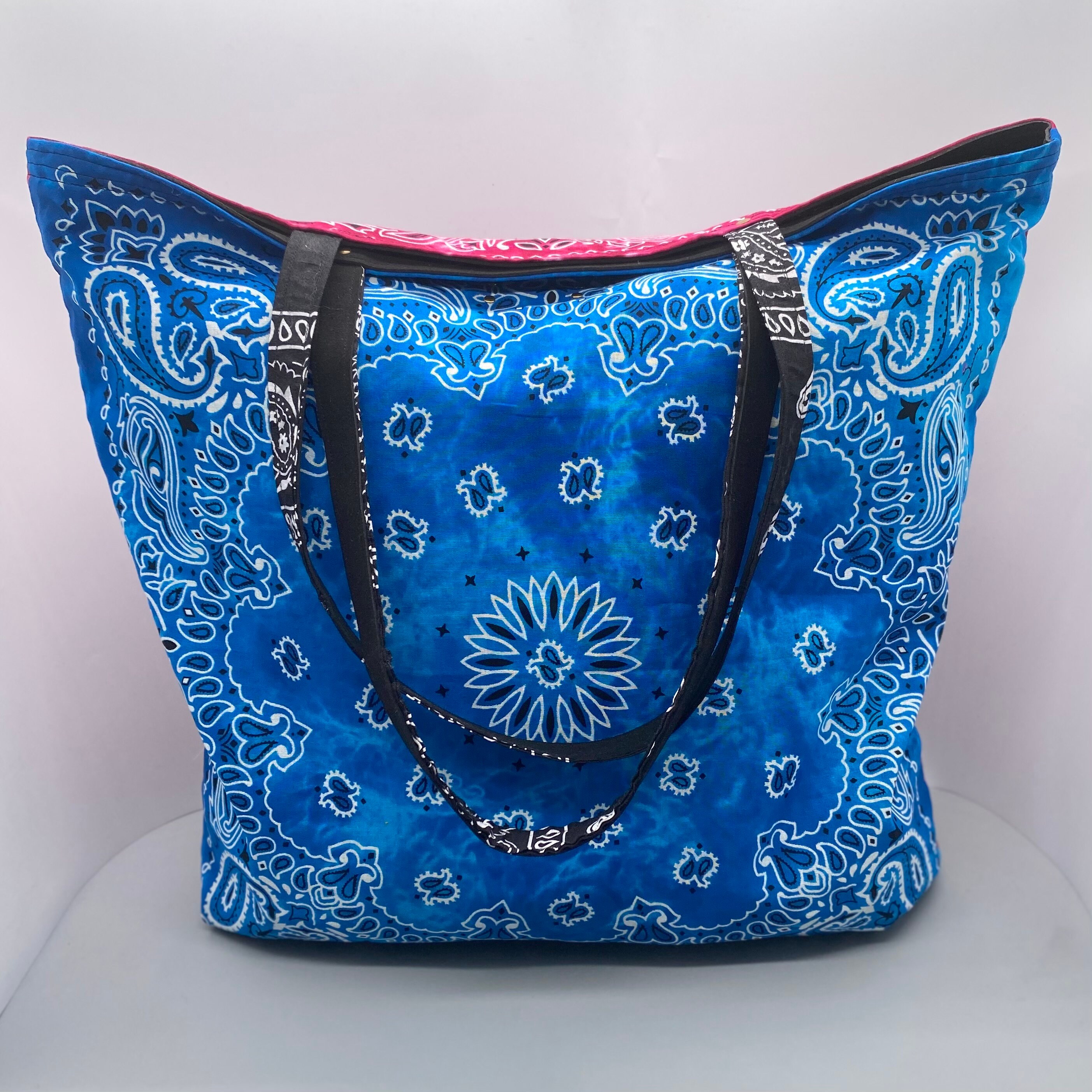 Large Tote, Pink/blue Bandana Print Shoulder Bag, Sustainable Fashion