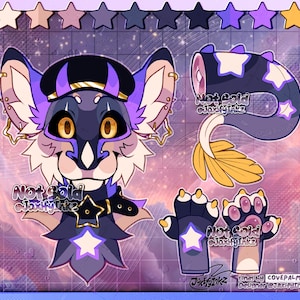 May include: A digital character reference sheet featuring a feline-like creature with purple and dark blue fur, wearing a black beret and a star-adorned collar. The image includes a separate view of a long, star-patterned tail and two paw designs.
