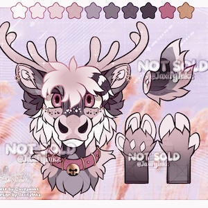 May include: A digital character reference sheet featuring a deer-like creature with antlers, pink eyes, and a pink collar with a bell. The illustration includes a headshot, a separate tail view, and two paw views, with a color palette and text reading NOT SOLD.