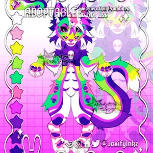 May include: A digital character illustration of a feline creature with neon green, purple, and white fur, featuring alien head patterns, a long tail, and sharp claws. The image includes text labels like ADOPTABLE, Not Sold, and @JaxifyInkz.