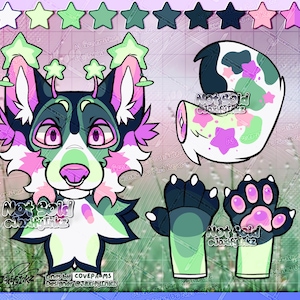 May include: A digital character reference sheet featuring a stylized canine head with green, pink, and dark blue fur, star-shaped antennae, a patterned tail, and paw pads. The image includes text labels reading Not Sold, JaxifyInkz, and COVEPALMS.