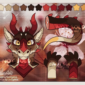 May include: A digital character reference sheet featuring a dragon-like creature head with red horns, yellow eyes, and brown fur. It includes a long, curved tail with red spikes and a pair of paws with dark pads. The text NOT SOLD is visible.