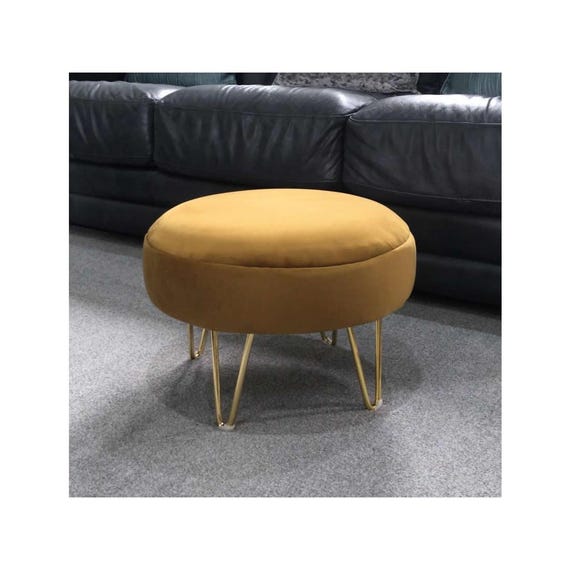 Mustard Plush Velvet Round Footstool With Golden Legs 30cm High Ottoman With Gold Metal Feet Stylish Velvet Footrest Coffee Table Etsy