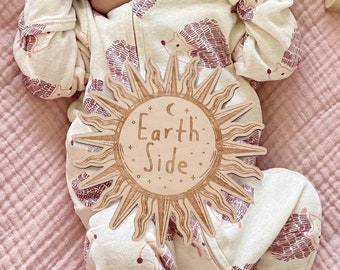 Wooden Sun Announcement Plaque, Baby Photo Prop, Baby Shower Gift, New Parents Gift, Earth Side sign