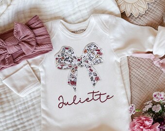 Personalized baby romper and bow set, embroidery baby girl coming home outfit, custom baby shower gift, monogrammed sleeper footies