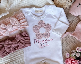 Personalized baby romper and bow set, embroidery baby girl coming home outfit, custom baby shower gift, monogrammed sleeper footies