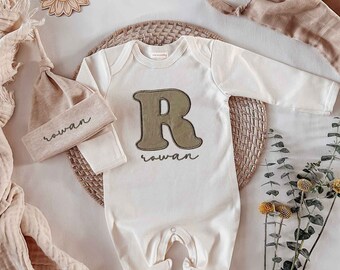 Personalized baby romper and hat set, custom infant boy coming home outfit, embroidery baby shower gift, monogrammed sleeper footies