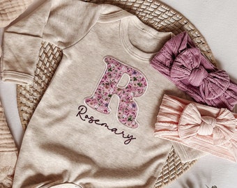 Personalized baby romper and bow set, custom infant girl coming home outfit, embroidery baby shower gift, monogrammed sleeper footies