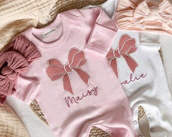 Personalized baby romper and bow set, embroidery baby girl coming home outfit, custom baby shower gift, monogrammed sleeper footies