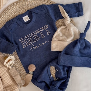 Personalized baby romper and hat set, custom newborn boy coming home outfit, embroidery baby shower gift, monogrammed sleeper footies