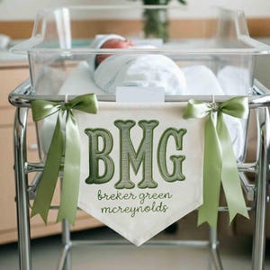 Può includere: Uno stendardo in tessuto color crema appeso a una culla ospedaliera in plastica trasparente. Lo stendardo presenta il monogramma verde ricamato BMG e il testo breker green mcreynolds in corsivo. Due nastri di raso verde salvia fissano lo stendardo.