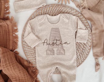 Personalized baby romper and hat set, custom infant boy coming home outfit, embroidery baby shower gift, monogrammed sleeper footies