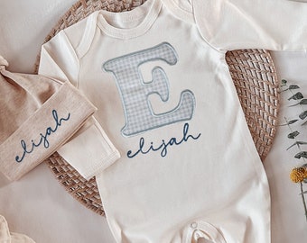 Personalized baby romper and hat set, custom infant boy coming home outfit, embroidery baby shower gift, monogrammed sleeper footies