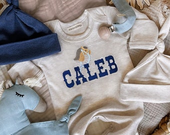 Personalized baby romper and hat set, custom infant boy coming home outfit, embroidery baby shower gift, western baby boy gift