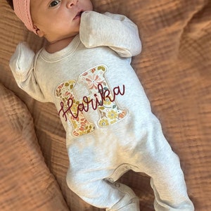 Personalized baby romper and bow set, custom baby girl coming home outfit, embroidery baby shower gift, monogrammed sleeper footies