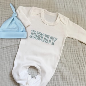 Personalized baby romper and hat set, custom infant boy coming home outfit, embroidery baby shower gift, monogrammed sleeper footies