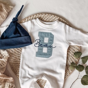 Personalized baby romper and hat set, custom infant boy coming home outfit, embroidery baby shower gift, monogrammed sleeper footies
