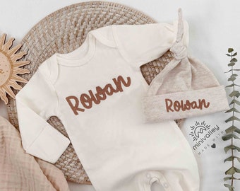 Personalized baby romper and hat set, custom infant boy coming home outfit, embroidery baby shower gift, monogrammed sleeper footies