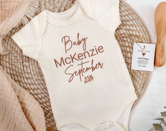 Custom Announcement Baby Onesie -  Natural Baby Name Expecting Due Date - Embroidered Personalized Bodysuit