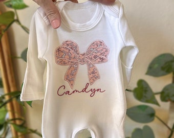 Personalized baby romper and bow set, embroidery baby girl coming home outfit, custom baby shower gift, monogrammed sleeper footies