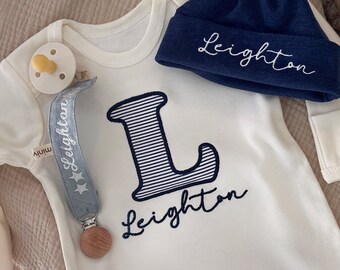 Personalized baby boy romper and hat set, custom infant boy coming home outfit, embroidery baby shower gift, monogrammed sleeper footies