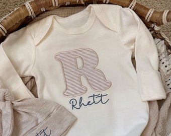 Personalized baby romper and hat set, custom infant boy coming home outfit, embroidery baby shower gift, monogrammed sleeper footies