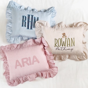 12x16 in Personalized  Embroidery Name or Monogram Pillow Cover, Gingham Ruffled Cushion