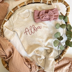 Personalized baby romper and bow set, custom baby girl coming home outfit, embroidery baby shower gift, monogrammed sleeper footies