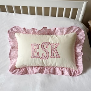 12x20 in Personalized  Applique Name and Monogram Pillow Cover, Ruffled Cushion