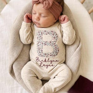 Personalized Embroidered Baby Romper and Bow Set: Floral Initial
