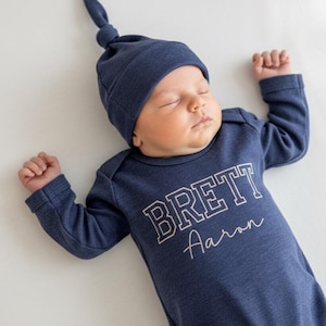 Personalized baby romper and hat set, custom newborn boy coming home outfit, embroidery baby shower gift, monogrammed sleeper footies