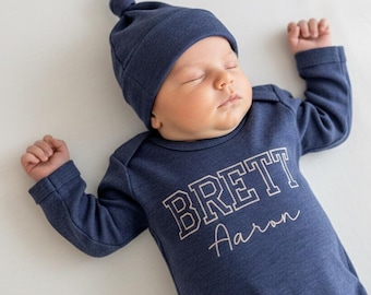 Personalized baby romper and hat set, custom newborn boy coming home outfit, embroidery baby shower gift, monogrammed sleeper footies