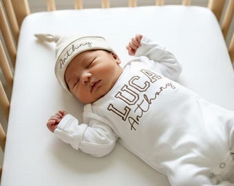 Personalized baby romper and hat set, custom infant boy coming home outfit, embroidery baby shower gift, monogrammed sleeper footies