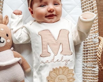 Personalized baby romper and hat set, custom infant boy coming home outfit, embroidery baby shower gift, monogrammed sleeper footies