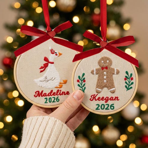 Personalized Little Ones First Christmas Ornament – Embroidered 4” Wooden Hoop with Velvet Bow, Name & Year Keepsake
