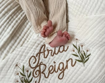 Personalized Embroidered Baby Blanket, Swaddle with Name and Floral - Personalized Baby gift, Cotton Muslin