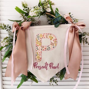 Floral Initial Name Banner, Personalized Baby Name Banner – Welcome Sign with Bows, Hospital Door & Baby Shower Decor
