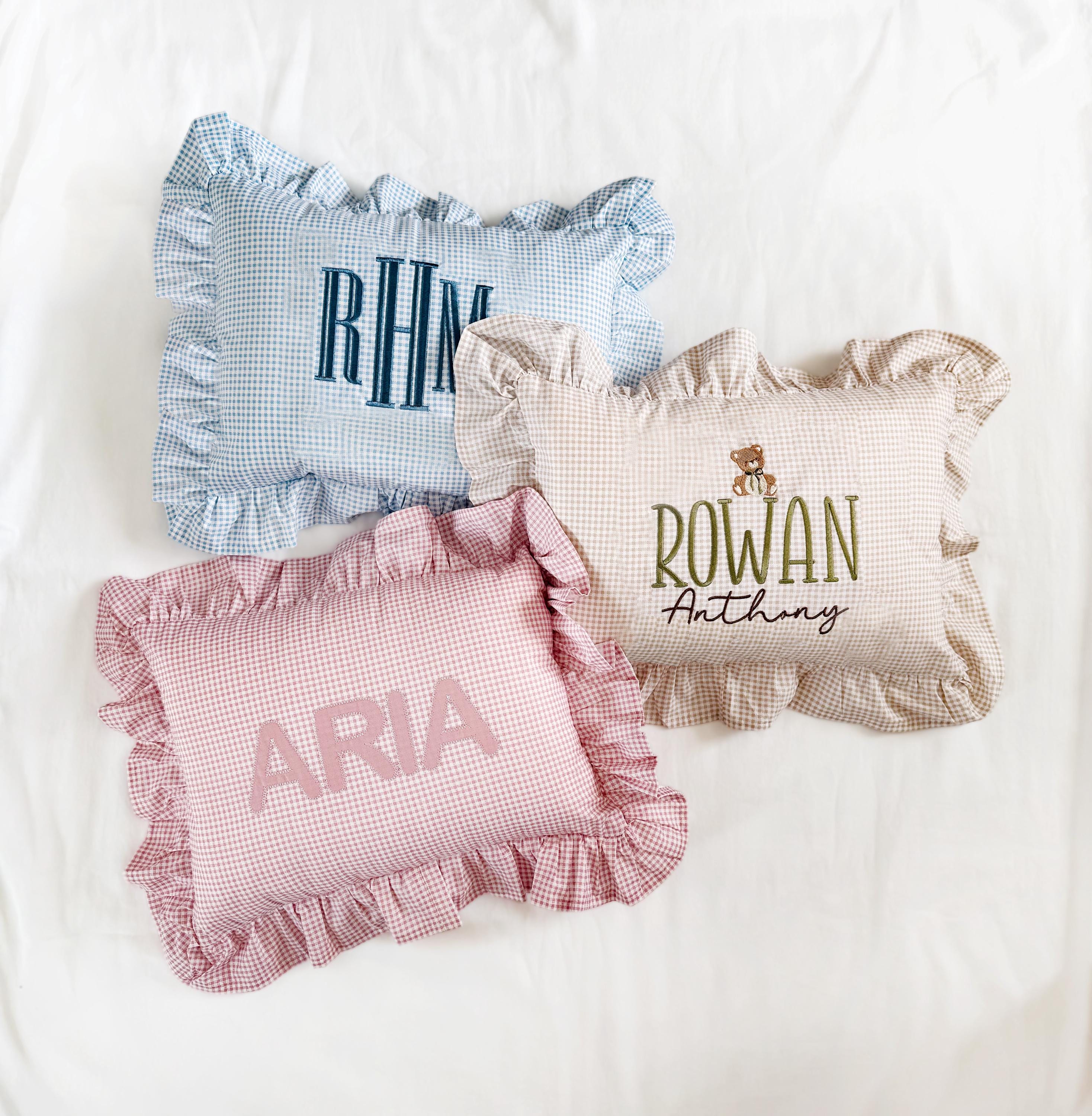 12x16 in Personalized  Embroidery Name or Monogram Pillow Cover, Gingham Ruffled Cushion