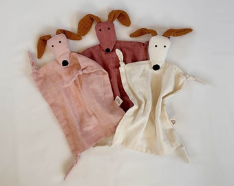 Muslin Puppy baby Lovey, Dog Comforter Blanket, Lovey Blanket, Natural Cotton Animal Muslin Lovey, Baby Shower Gift, New Baby Gift