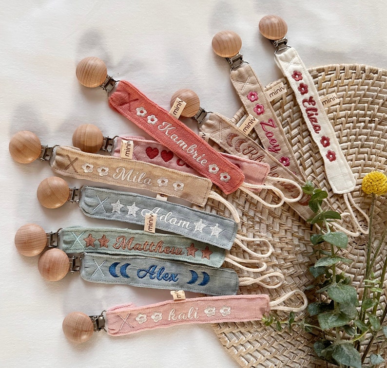 Personalized Pacifier Clip Holder / Embroidered Name / Custom Boho Pacifier Holder / Custom Baby Name / Monogrammed Baby Shower Gift image 1