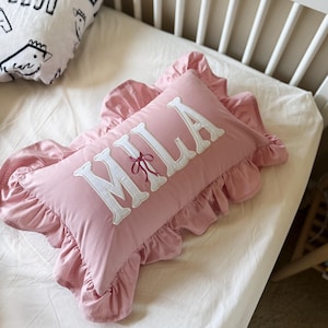 12x20 in Personalized  Applique Name and Monogram Pillow Cover, Bow, Ruffled Cushion