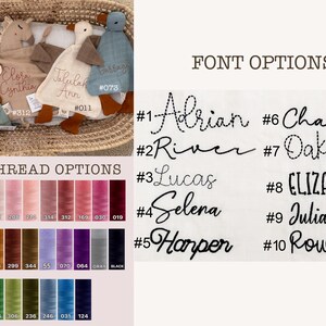 May include: A selection of ten different embroidered font styles for baby names, including Adrian, River, Lucas, Selena, Harper, Charlotte, Oakleigh, Elizabeth, Julian, and Rowan. A chart of thread colors is also shown.