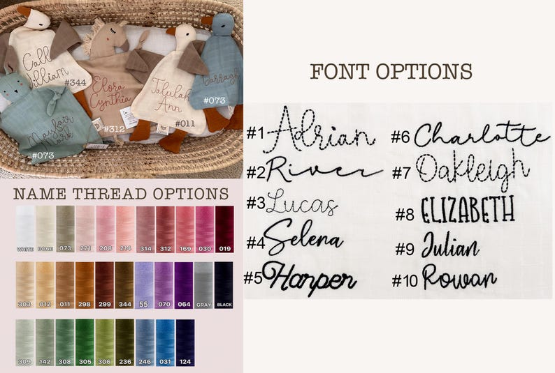 May include: A selection of ten different embroidered font styles for baby names, including Adrian, River, Lucas, Selena, Harper, Charlotte, Oakleigh, Elizabeth, Julian, and Rowan. A chart of thread colors is also shown.