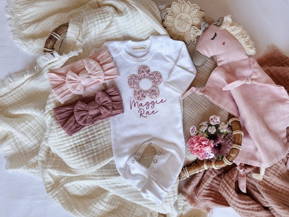 Personalized Baby Romper and Bow Set, Embroidery Baby Girl Coming