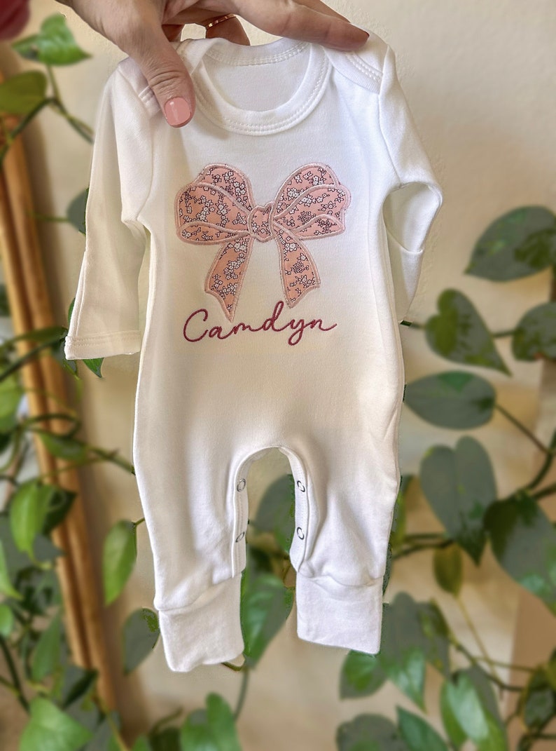 Personalized baby romper and bow set, embroidery baby girl coming home outfit, custom baby shower gift, monogrammed sleeper footies image 1