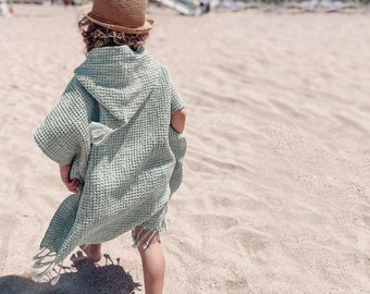 Kids Beach Poncho Green Blue Waffle Kid Beach Towel Turkish Hooded Towel