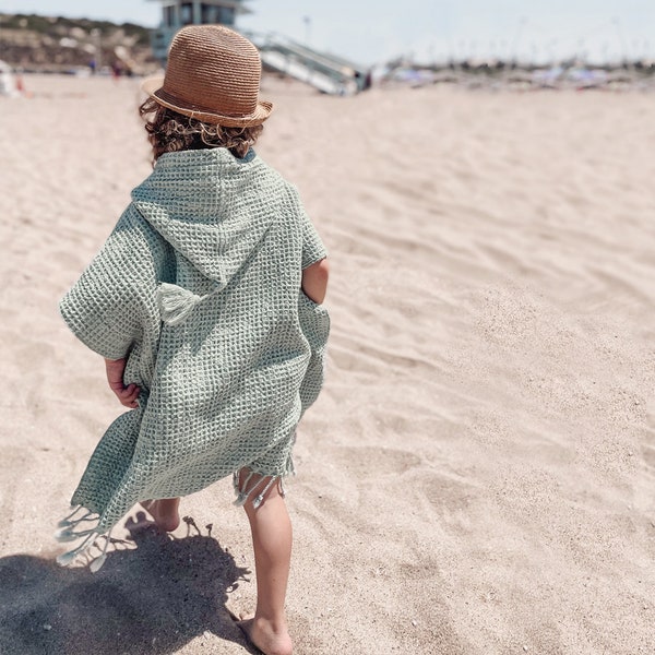 Kids Beach Poncho Green Blue Waffle Kid Beach Towel Turkish Hooded Towel