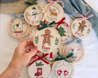 Personalized Little Ones First Christmas Ornament – Embroidered 4” Wooden Hoop with Velvet Bow, Name & Year Keepsake