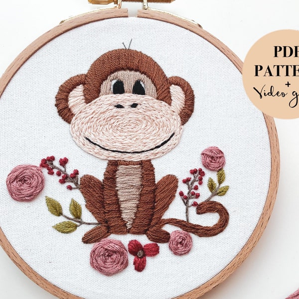 Cheeky Monkey PDF Pattern + Video Guide | Embroidery Pattern | Monkey | Animal Embroidery | Nursery Decor | Digital Download