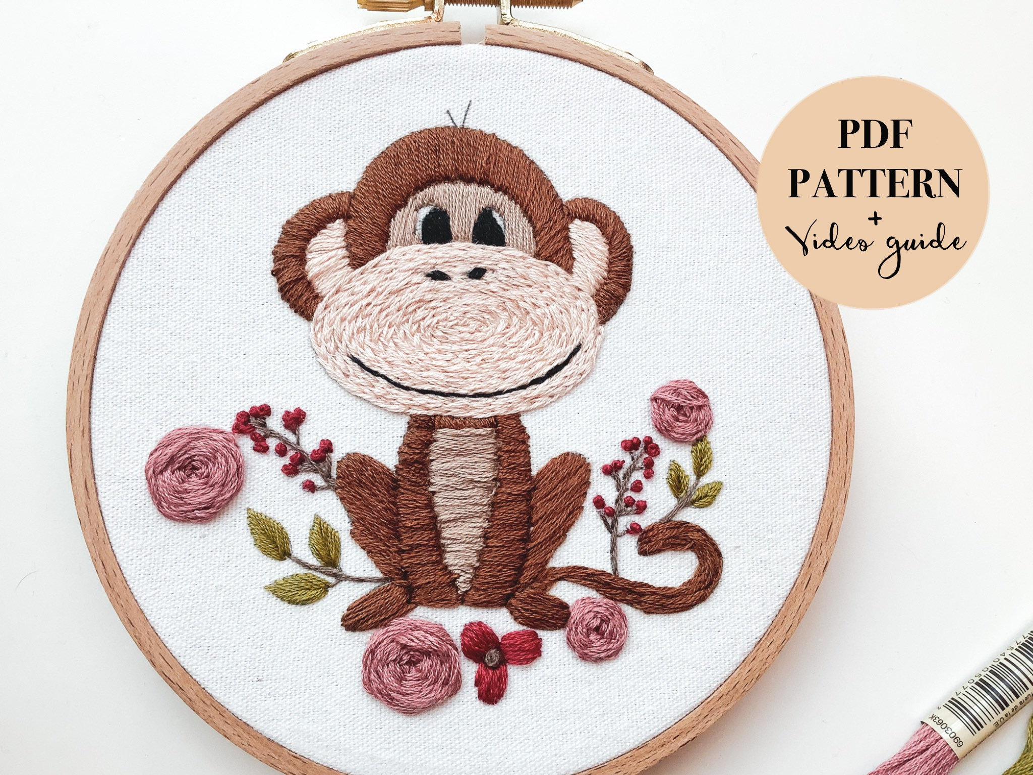 Cheeky Monkey Embroidery Pattern: Floral Animal Design (PDF